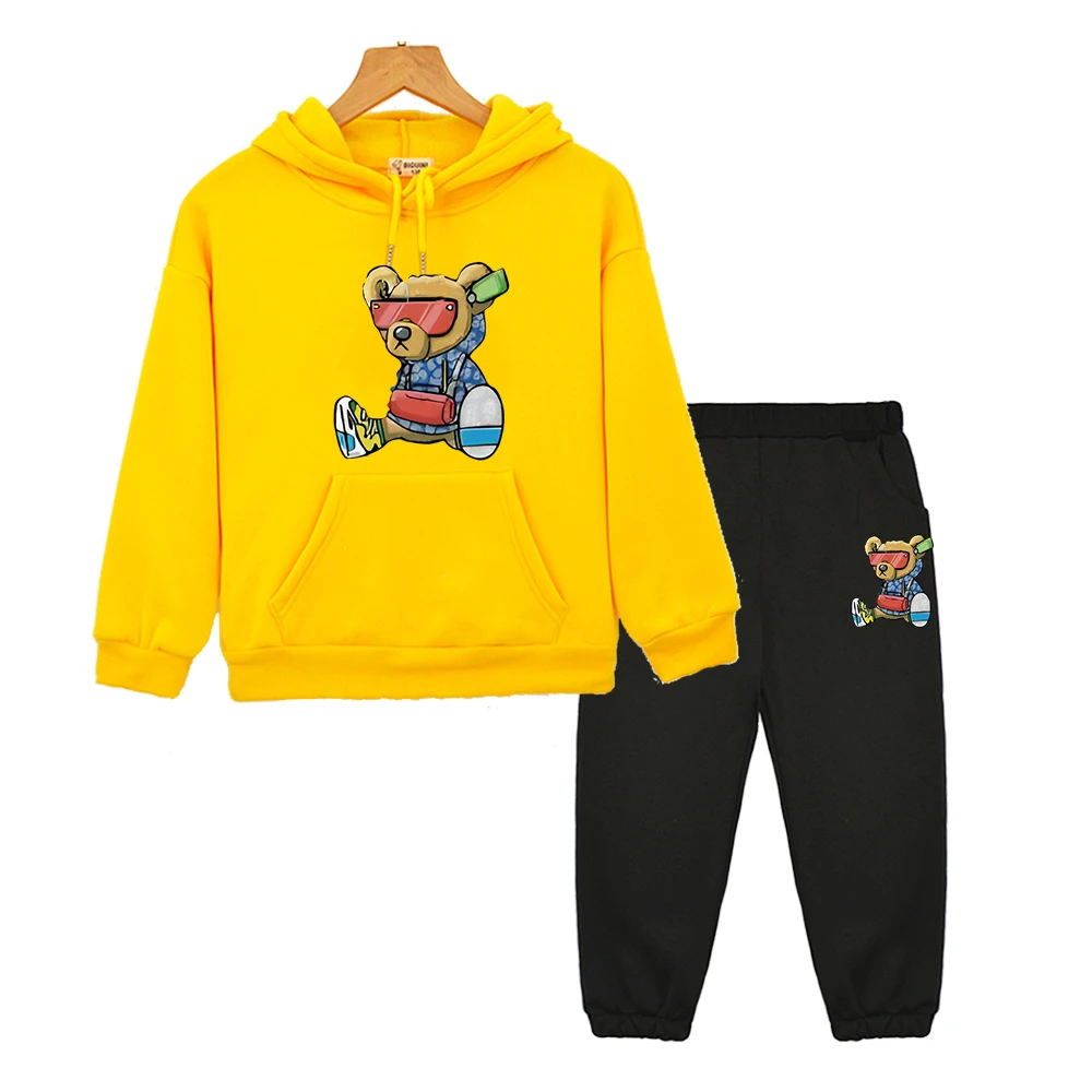 

2024 boy girl Hooded Sets Cartoon Bear Print hoodies Fleece sweatshirt 2pcs Tops+pants Anime hoodie Jacket kids boutique clothes