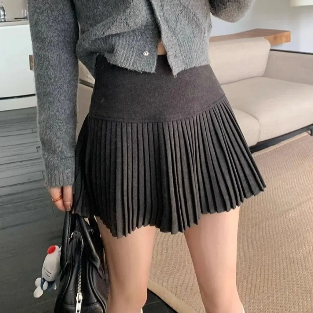 

Women's High Waist Pleated Skirt Korean Style A-Line Short Skirt Thickened Woolen Slimming Fashionable Spring Autumn Anti-glare