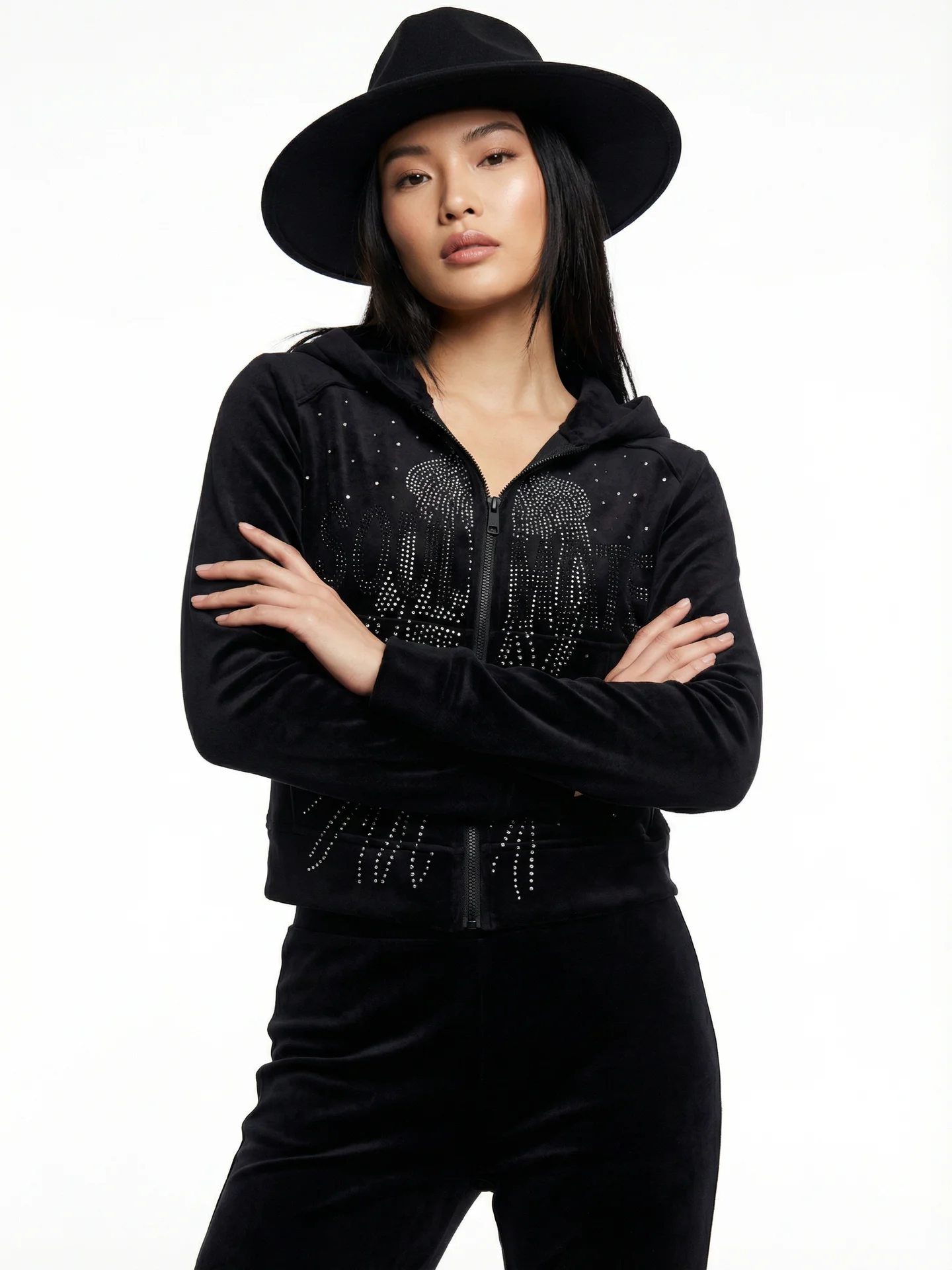 

Женский комплект из худи и брюк на флисовой подкладке со стразами, зимний повседневный костюм из двух предметов с длинными рукавами и застежкой-молнией