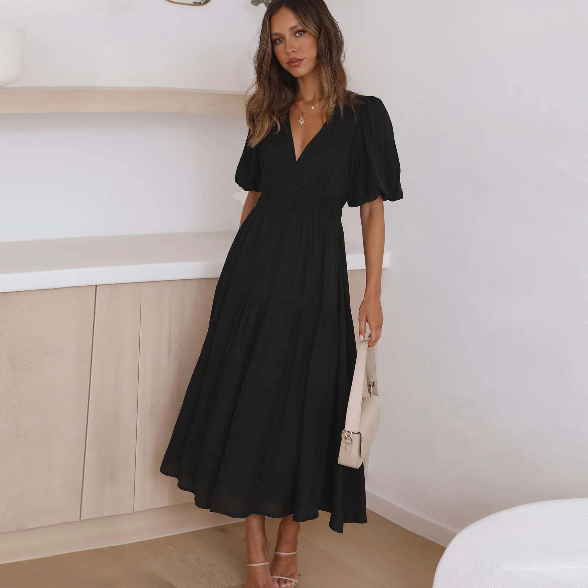 2024 Hot Selling Summer New Product High End Holiday Style Deep V Bubble Sleeve Dress Fashion Women's Wear Loose Fit Streetwear