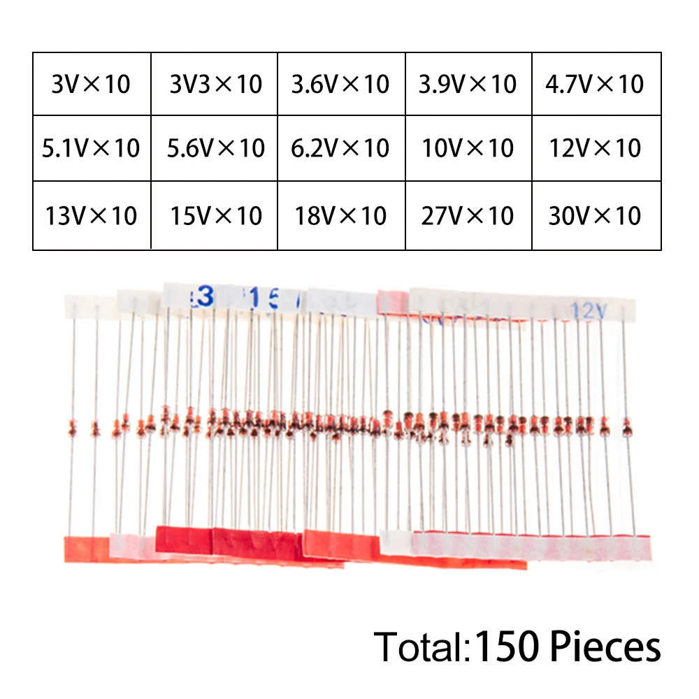 150PCS 12V 30V 15Values 1W Zener Diode Kit 3V-30V for Voltage Regulation Electronic Projects 3V3 3.6V 3.9V 4.7V