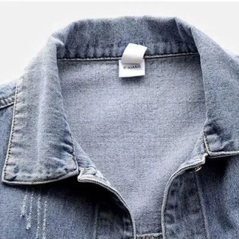 Manteau court en jean effiloché pour femme, veste à boutonnage simple, manteau en fibre vintage, vêtements à la mode, 2024