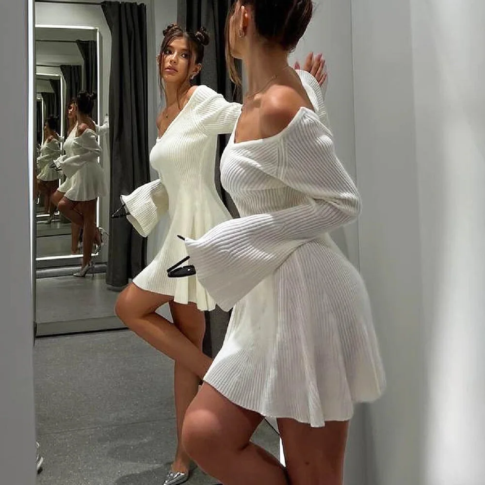 Talenza Knitted Off Shoulder V Neck Mini Dress Women\'s Sexy High Waist Long Sleeve Dress White Knitted Sweater Dress Robe Women