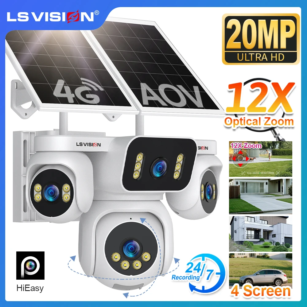 

LS VISION 20MP Four Screens 4G AOV Solar Camera 24/7 Recording Outdoor 12X Optical Zoom Human Auto Tracking Surveilance Cameras