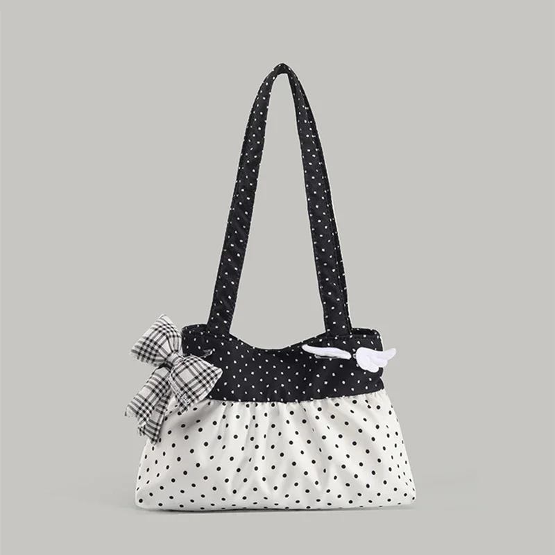 Koreanische Polka Dot Umhängetasche Niedliche Schleife Engelsflügel Design Handtasche Damenmode Pendeln Einkaufstasche Retro Kontrast Einkaufstasche – Detail 4
