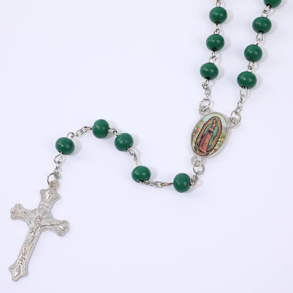 Blaue Rosenkranzkette für Damen und Herren, 6 mm, aus Holz, lange Kette, religiöser Anhänger mit der Jungfrau Maria und einem Kreuz, Herrenschmuck für Partys, Geschenk. – Detail 31