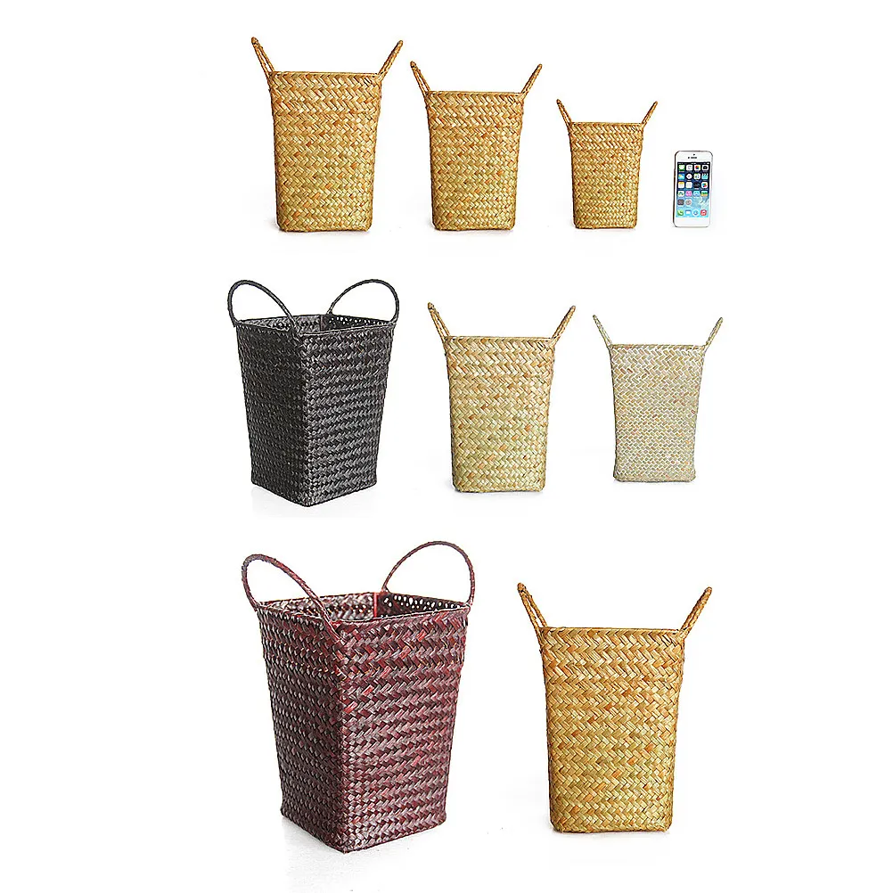 Rattan Braided Basket Khaki Size Straw Storage Box Large Capacity Portable Laundry Room Bedroom Vegetable Fruit