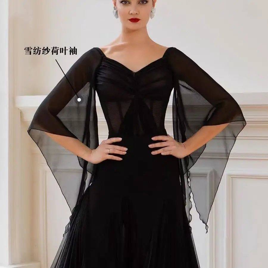 Stroje do tańca towarzyskiego dla kobiet na zawody 2025, z siateczkowymi rękawami, szerokie spódnice, garnitur dla dorosłych, walc, kostiumy do tańca nowoczesnego DQS21521