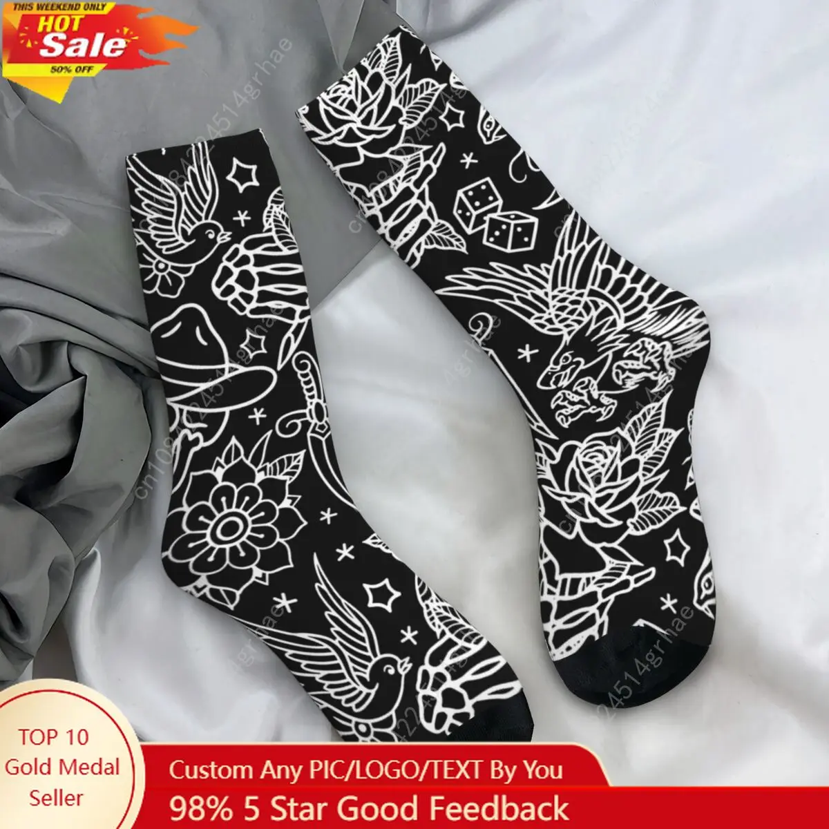 American Traditional Flash Print Tattoo Socks Black and White Leisure Stockings Winter Anti Skid Women Men Socks Running Socks