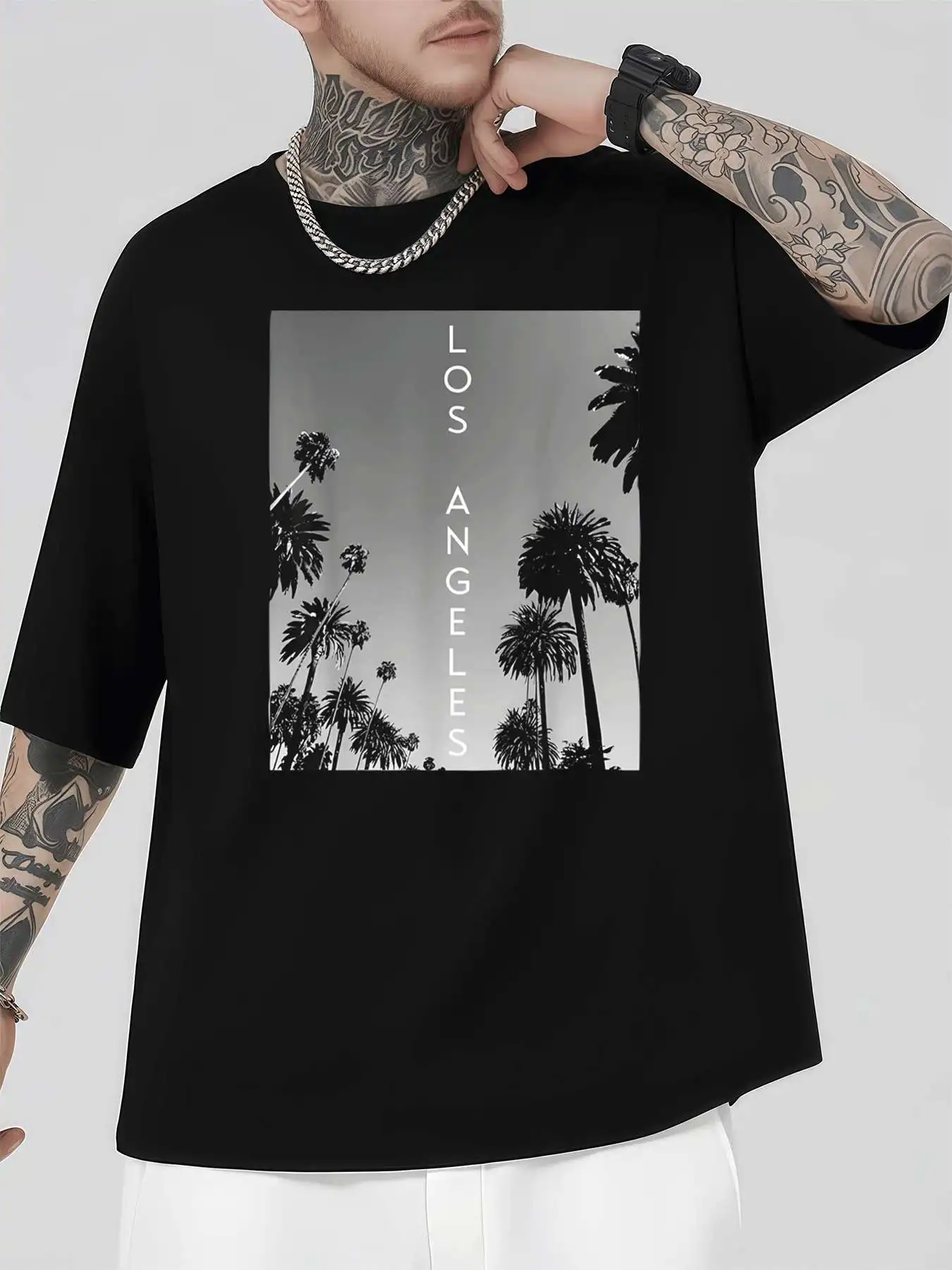 

Los Angeles Palm Graphic Tee Men's 220gsm New Summer Casual Crew Neck Pure Cotton Short-Sleeved T-Shirt
