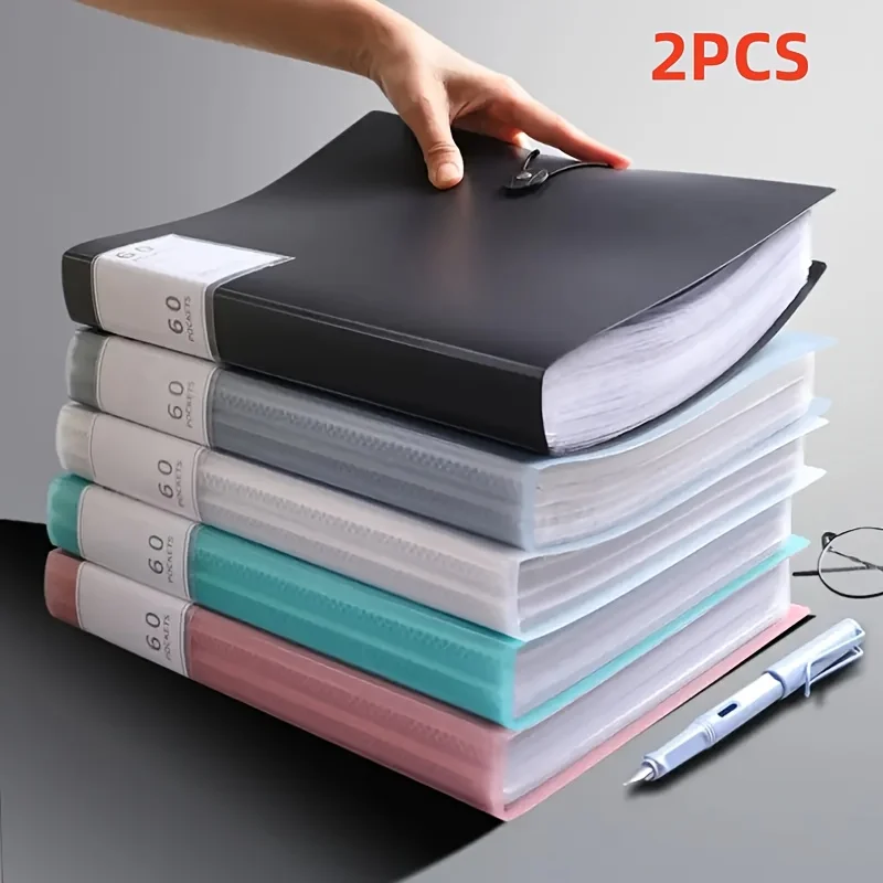 

2pcs A4 File Folder with 60 Plastic Pockets Portable Organizer for Office School Home Visible Professional Document File Storage