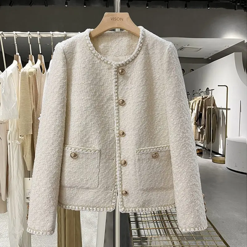 Women\'s Spring And Autumn Round Neck Woolen Cloth Temperament Lady Short Coat Off White Tweed Jacket