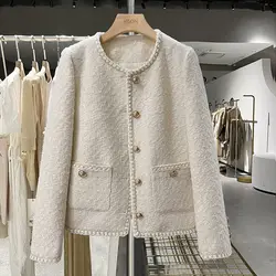 Women's Spring And Autumn Round Neck Woolen Cloth Temperament Lady Short Coat Off White Tweed Jacket