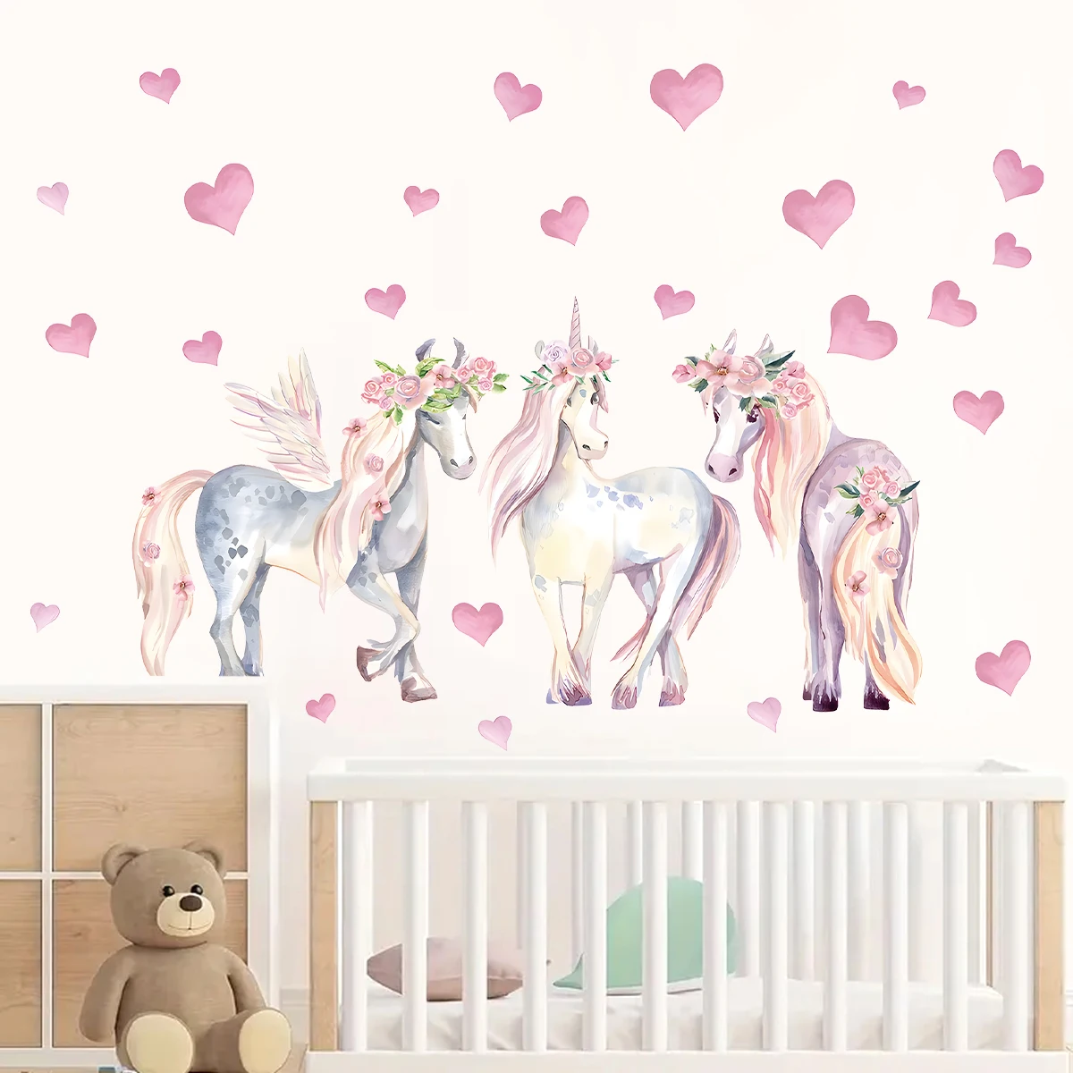 Pink Heart Cartoon Unicorn Wall Stickers Home Decor Accessories Living Room Wall Decals Bedroom Decoration Baby Nursery Kid Room