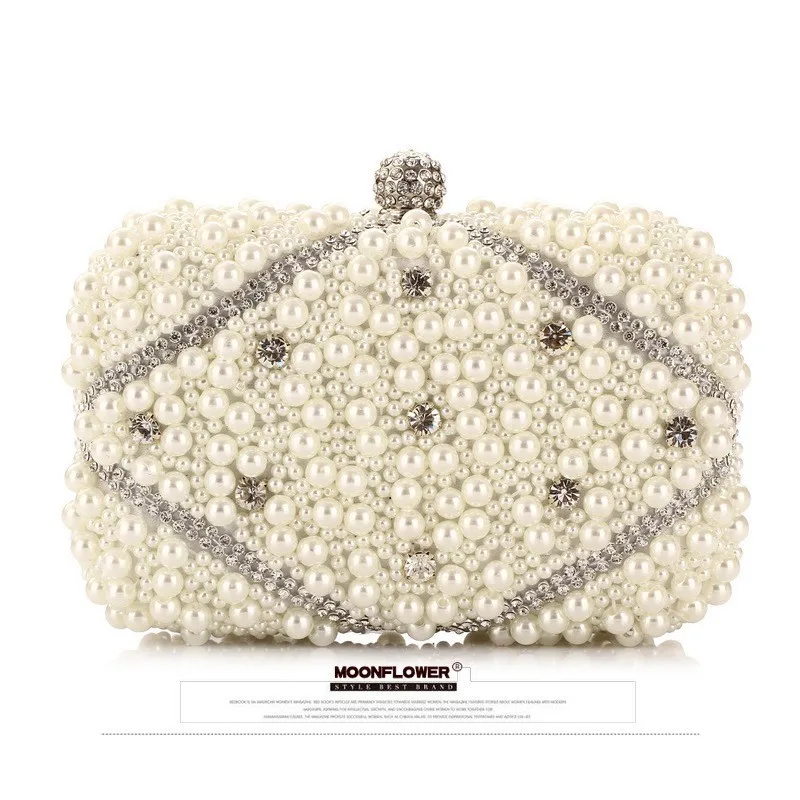 Luxury Crystals Beaded Pearl Evening Clutch Bags Wedding Party Handbag Fashion Women White Beige Long Chain Shoulder Handbags