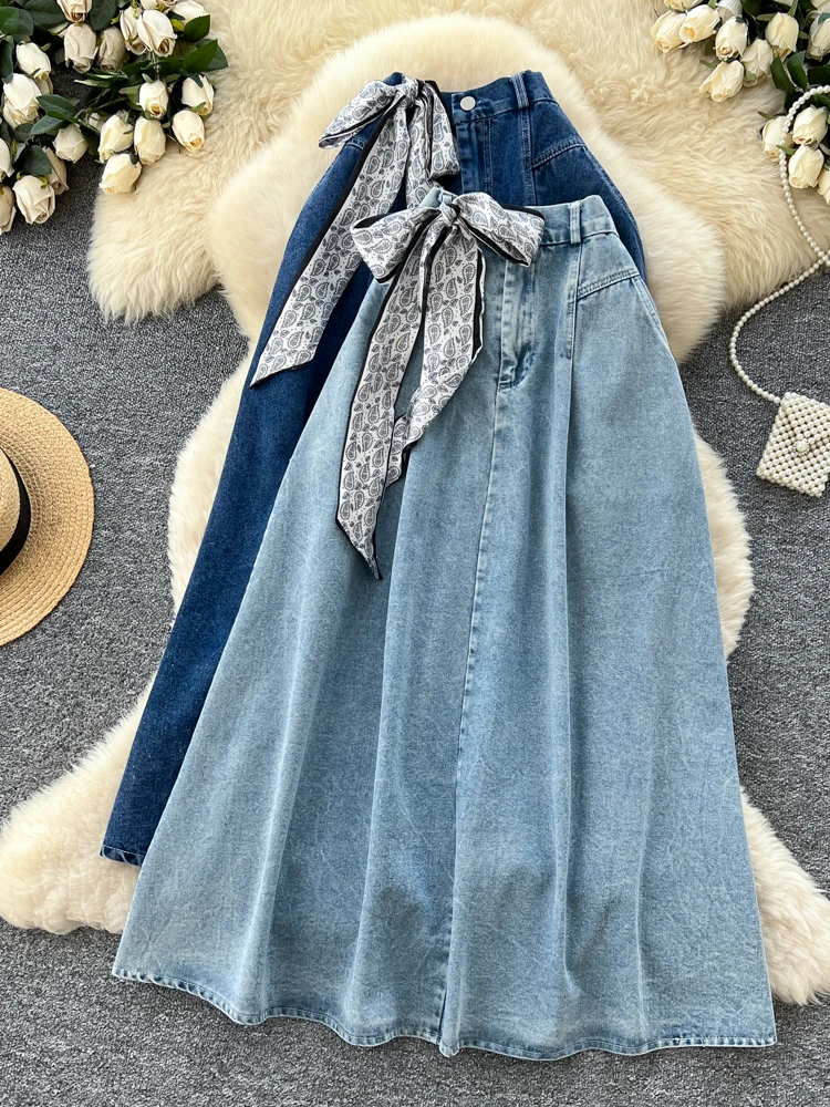 

Retro Korean Sle Silk Scarf f Skirt Simple A-Line Long Skirt for Women Commute Spring High Waist Slimming Skirt