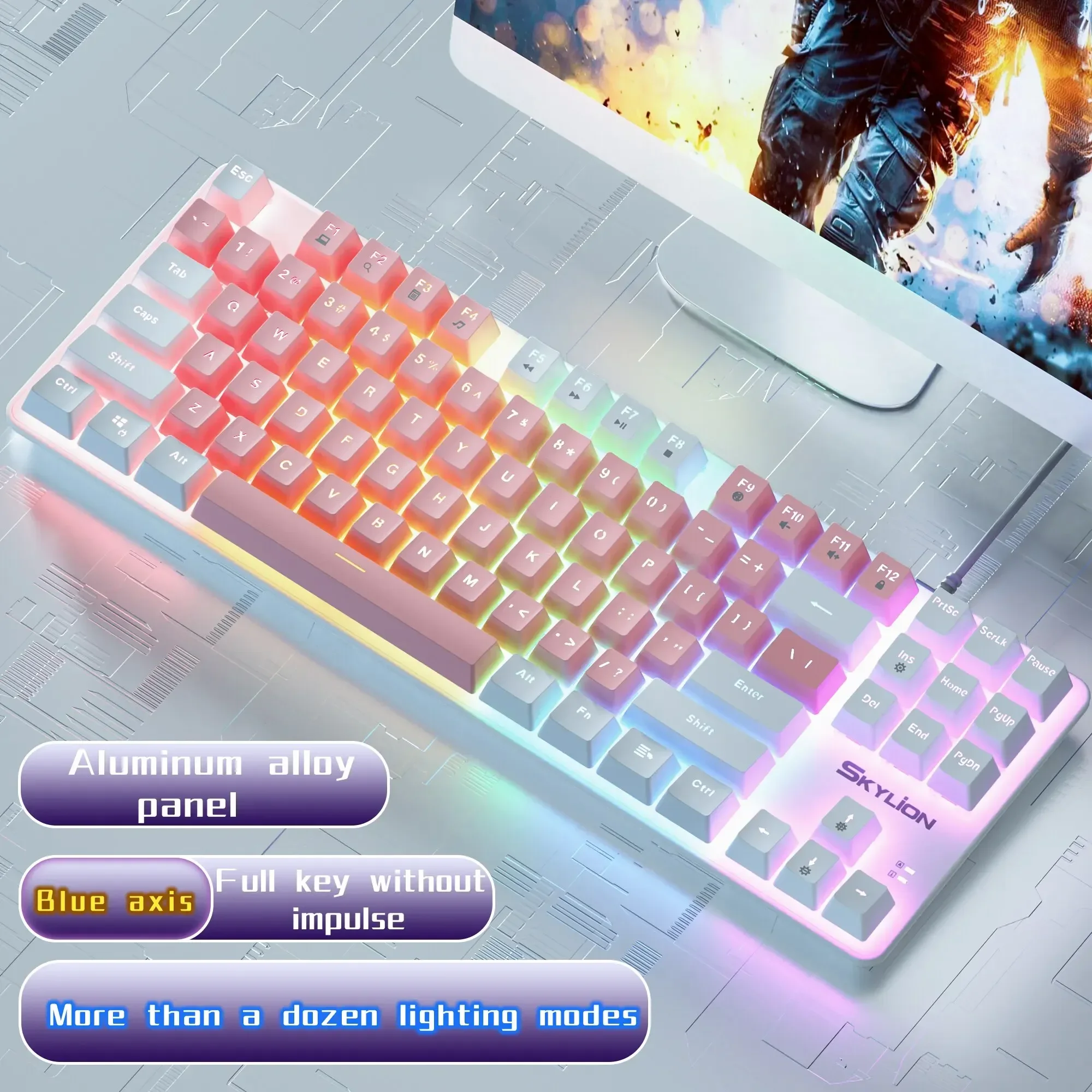 Teclado mecánico con cable H87, 10 tipos de iluminación colorida para juegos y oficina para sistema Windows