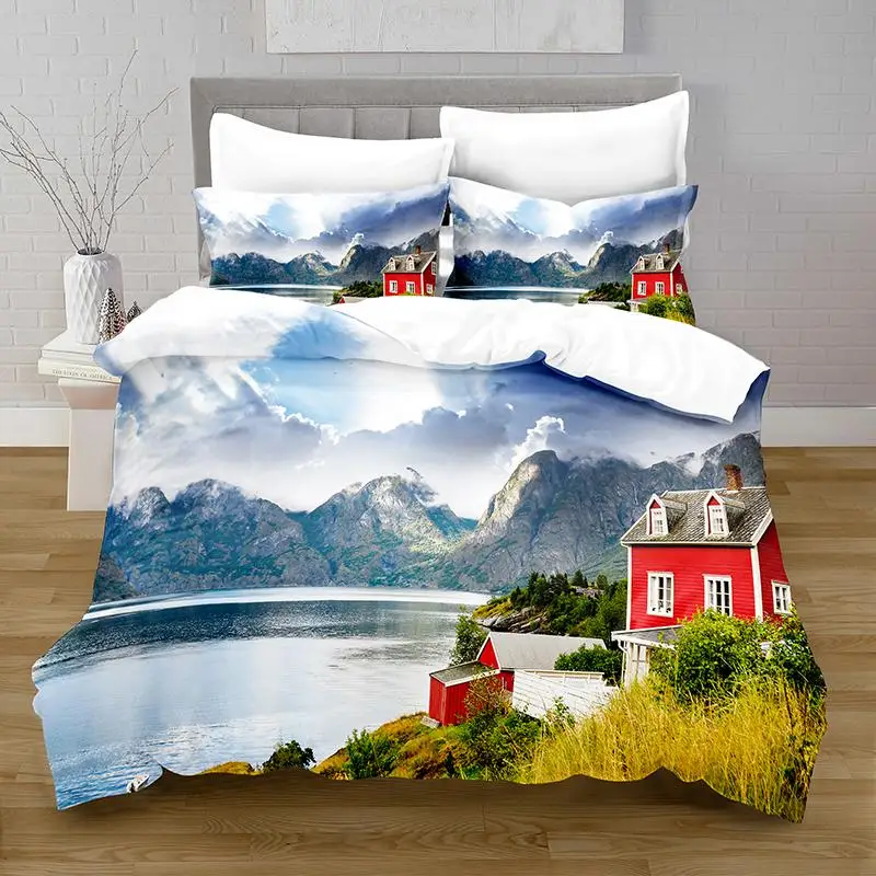 

King Size Soft 2/3 Pcs Lake Duvet Cover Set - Natural Scenery Theme with Mountain Red House Pattern