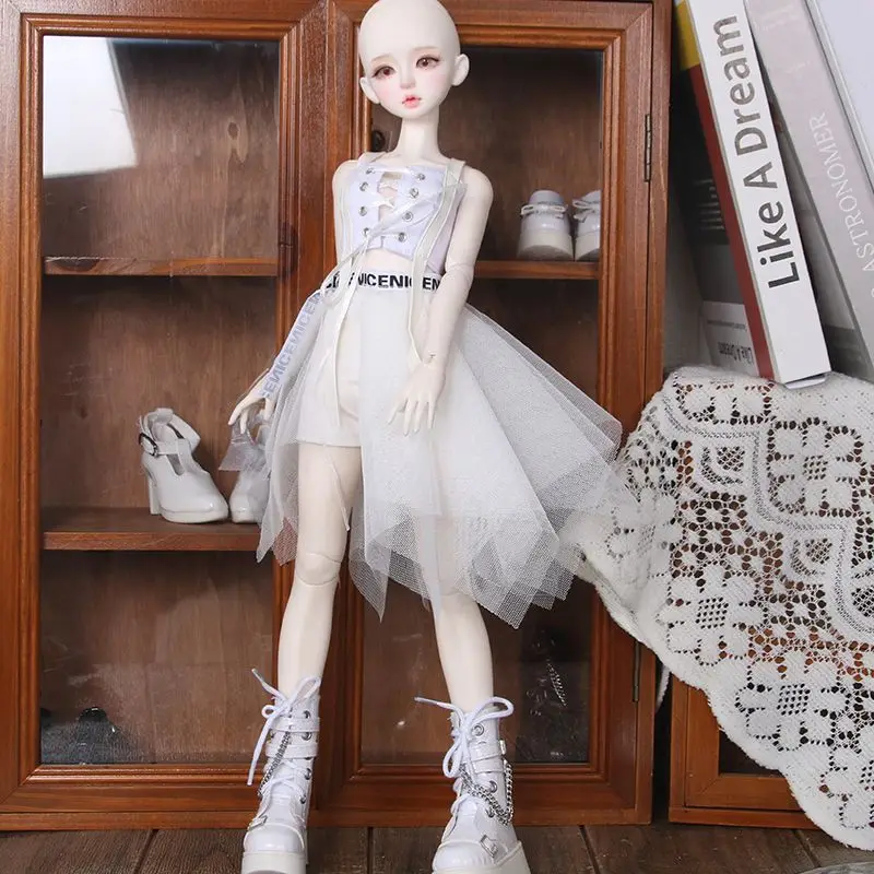 White Punk Irregular Tulle Skirt Doll Outfit for 1/3 1/4 1/6 30/45/60Cm Bjd Doll, Letter Ribbon Dress Up Clothes, No Dolls