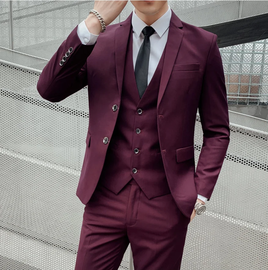 Conjunto de 3/2 piezas para hombre, traje informal de negocios, chaleco y pantalones, Color sólido, a la moda, bonito y ajustado, para novio y boda