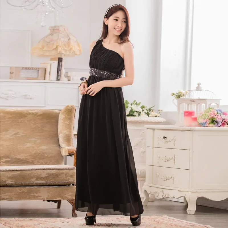 

Plus Size Women Clothing One Shoulder Strapless with Sequins Chiffon Long Dress for Evening Party