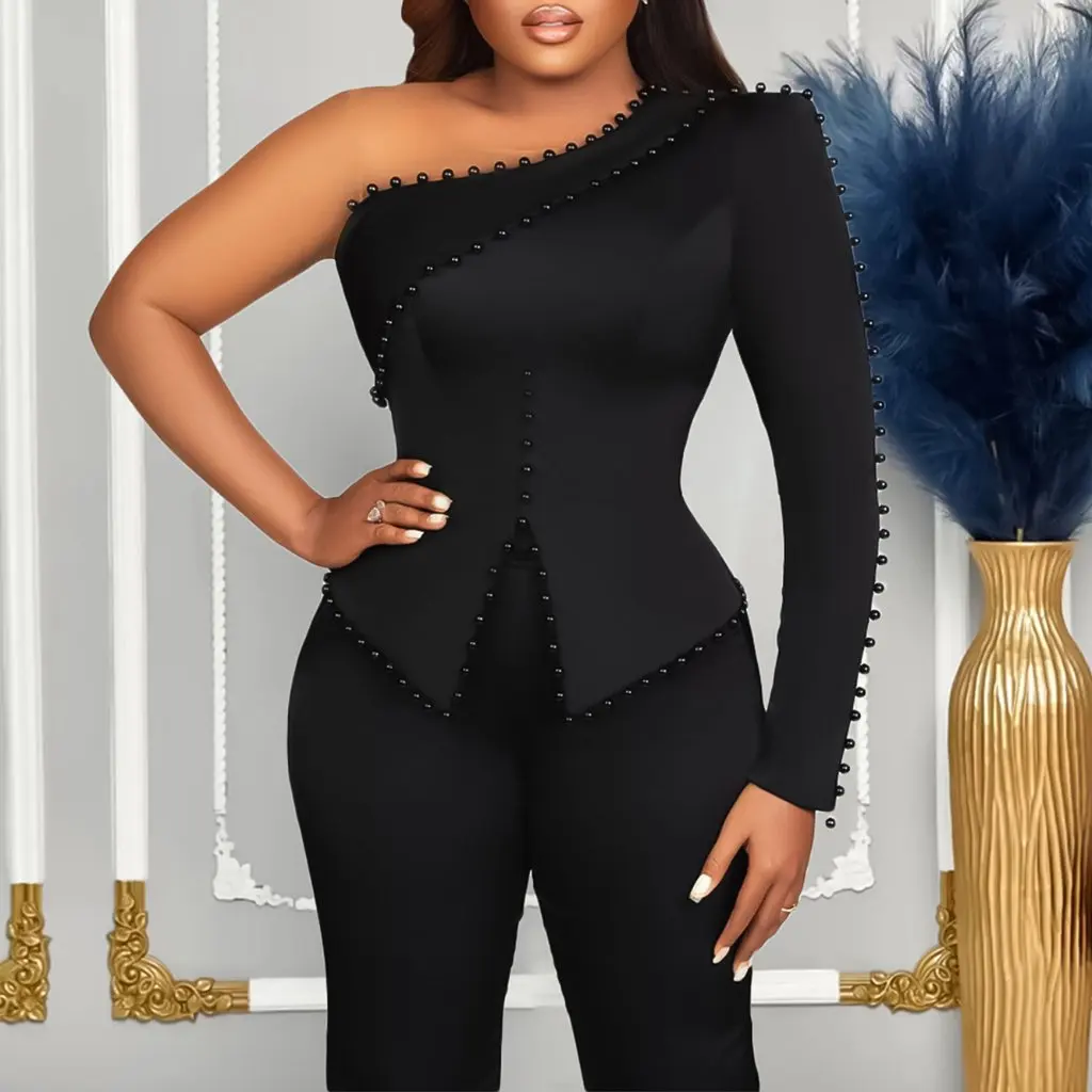 

Women's plus Size Beaded OL Suit D463 Spring Oblique Shoulder Two-Piece Set European American Style