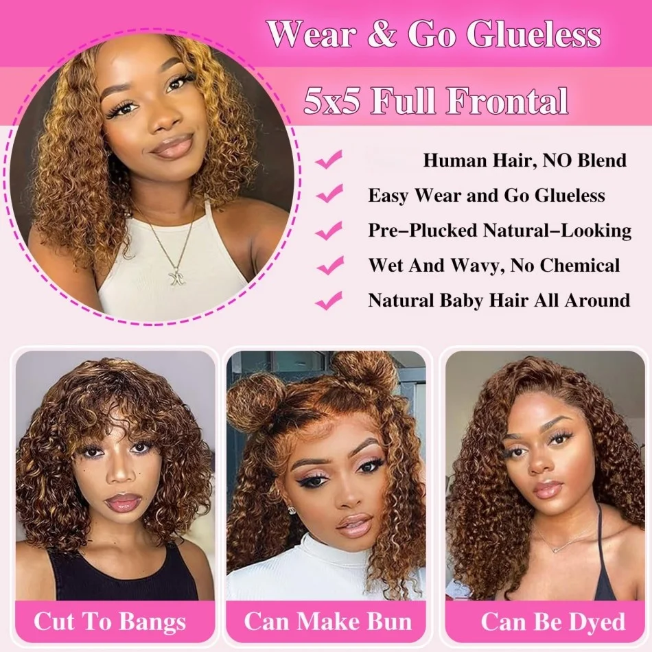 Curly Short Bob Wig Human Hair Glueless Highlight 4/27 5X5 Hd Lace Closure Wig Lace Frontal Wigs Deep Wave Pre Plucked Wigs 16In view 4