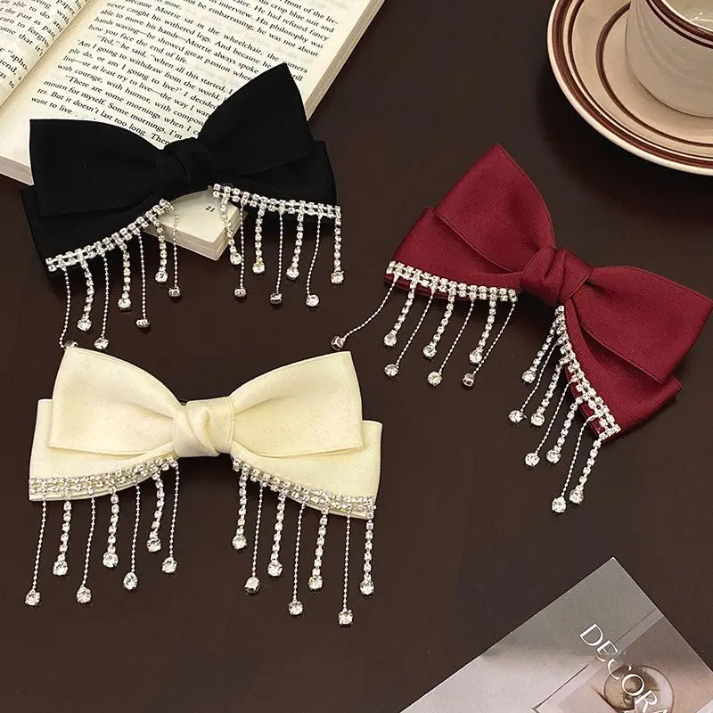 

Woman Party Satin Bow Hair Clip Design Rhinestone Tassel New Year Clip High-end Girl Hair Accessories Pinzas Para El Cabello