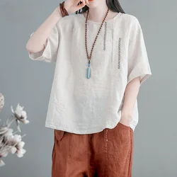 Cotton Linen T Shirts Women Fashion Embroidery Breathable T-shirt Casual Loose Short Sleeve Vintage Top Summer Trend Thin Tshirt
