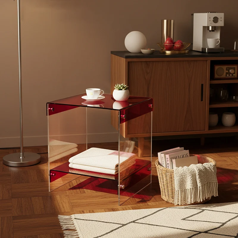 Acrylic transparent side table, light luxury modern bedside table, living room sofa side table, double-layer storage table