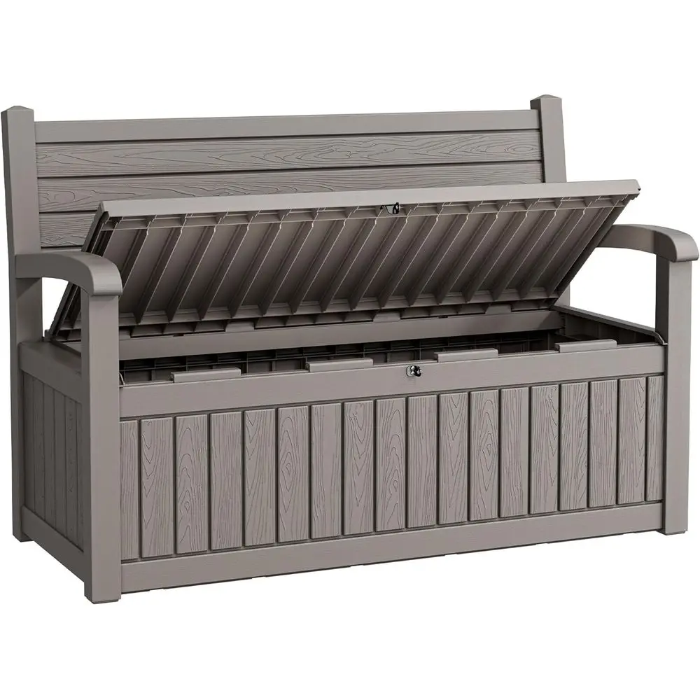 

80 Gallon Lockable Deck Bench with Storage, Resin Stripes Outdoor Storage Box, Waterproo Outdoor Porch Bench or Cushions Garden