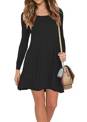 Long Sleeve Women Black Short Dresses Spring Autumn Solid Color Streetwear Casual A-Line Dress Round-Neck Ladies Mini Dress