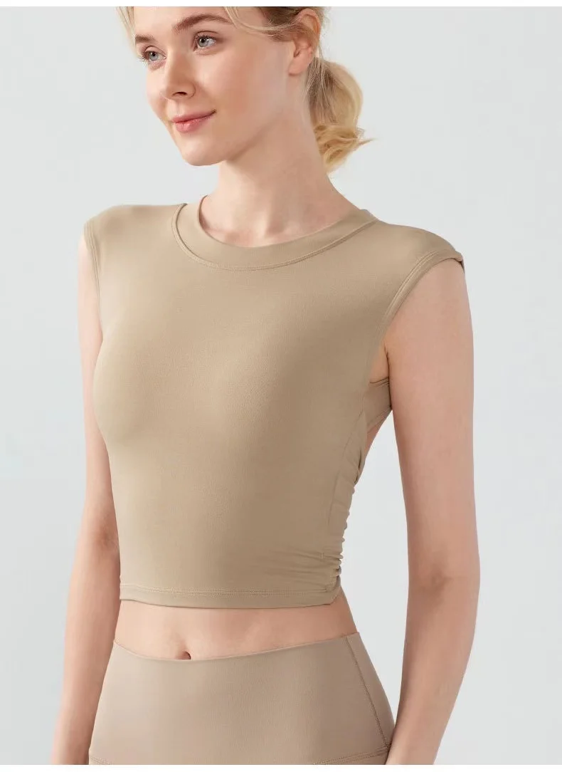 Rückenfreies Sporttop für Damen im Sommer, stoßfeste Pilates-Yoga-Anzüge für kurzärmelige, schnelltrocknende Fitnessanzüge. – Detail 3