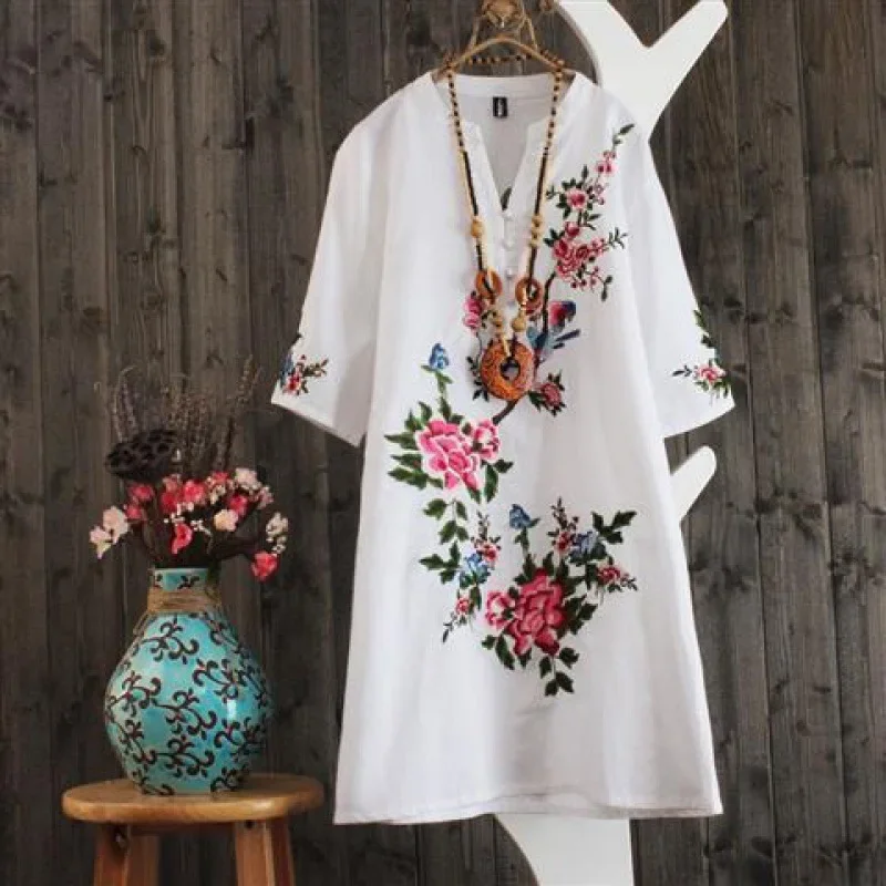 Casual Dress for Women Summer Embroidery Loose Ethnic Style Fashion Clothes Elegant Women Clothing Streetwear New