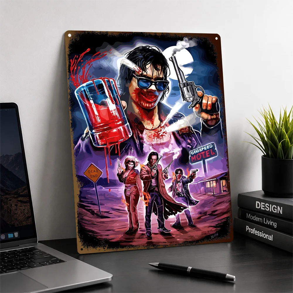Bloody Motel Scene With Guns Aluminum Poster Customized Metal Sign Bold Supernatural Cinema Wall Art Made For Genre Collectors