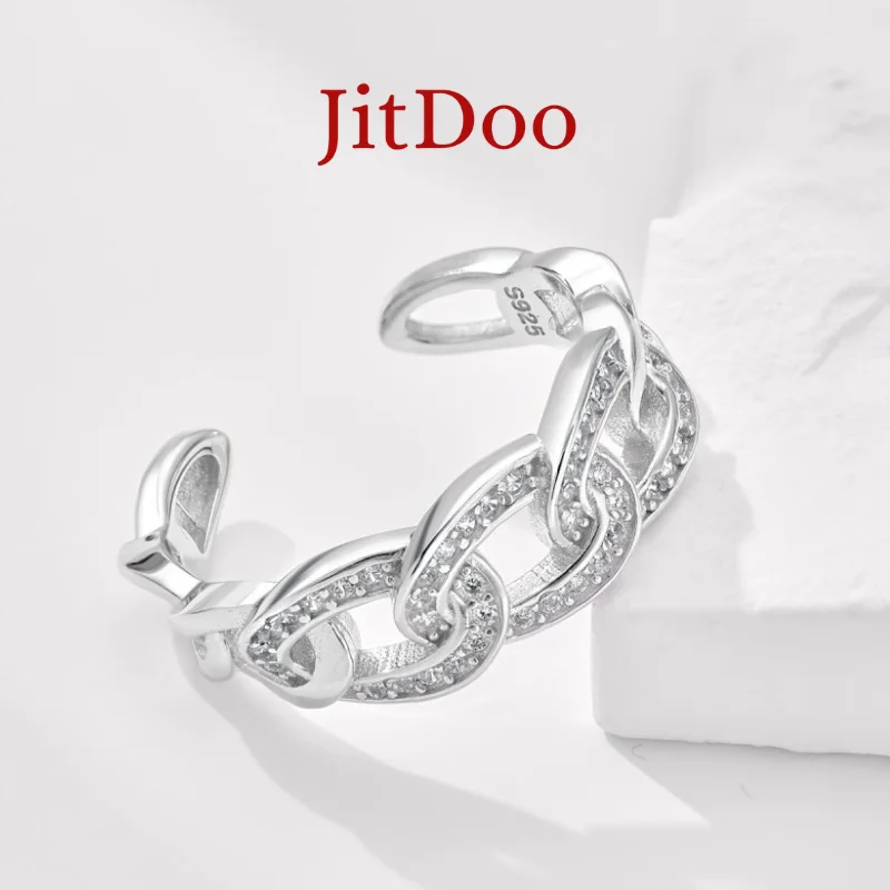 

JitDoo Luxury 925 Sterling Silver Shining Cuban Chain Ring Interlaced With AAAAA Zircon Crystal Ring For Woman's Birthday Gift