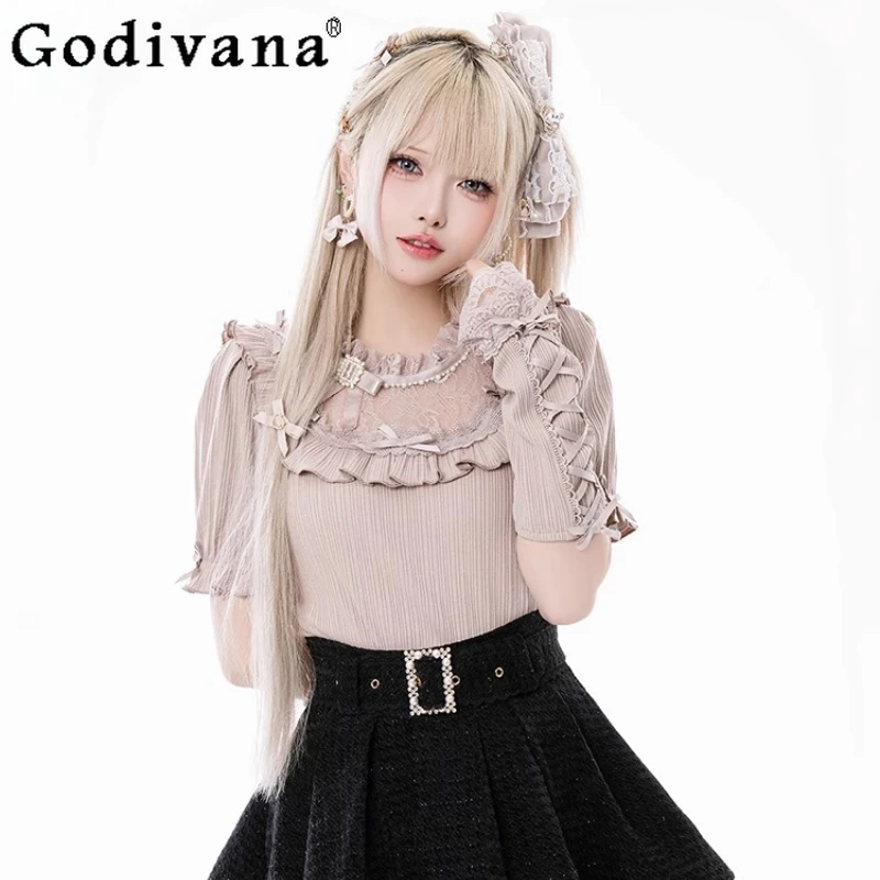 

Japanese Sweet Girls Knitted Top with Hand Sleeves Summer New 2025 Women's Slim-Fit Cute Bow Kawaii Knitted T-shirts Pullover