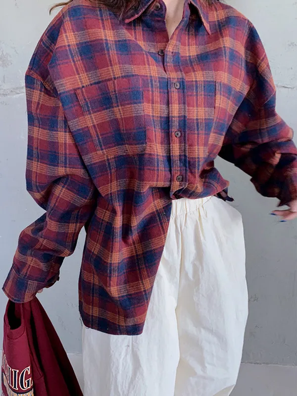 

Pure Poet Retro Sle Women's Long Sve irt Loose Fit Plaid Pattern Turn-down Collar Versatile Top Spring Autumn New A...