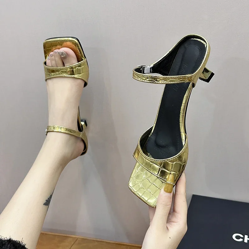 Elegant Crocodile Gold Silver Mule Slippers Woman Luxury Square Toe Low Heel Sandals Ladies Summer Slip-on Buckle Dress Shoes