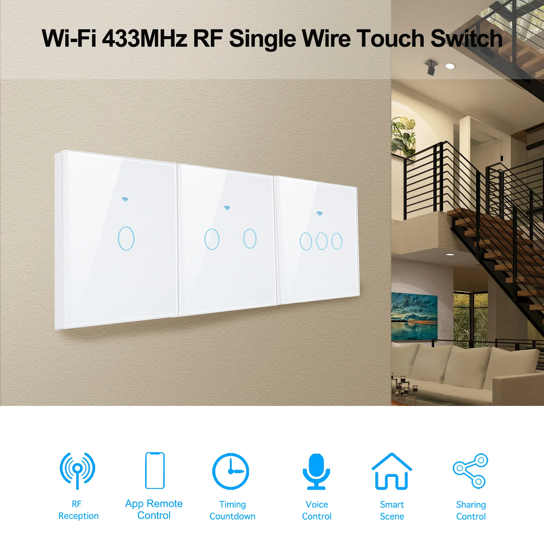 Tuya WiFi Interruptor Inteligente, Parede Interruptor Sensor de Toque, Funciona com Alexa, Sem Fio Neutro, Sem Fio, RF433