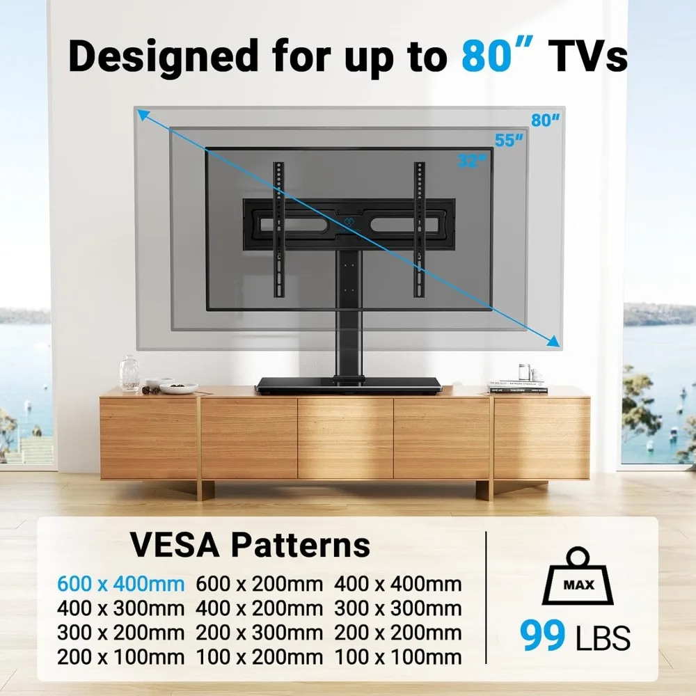 Swivel Universal TV Stand Mount for 32-80 Inch LCD OLED Flat/Curved Screen TVs up to 99lbs-Height Adjustable Table Top