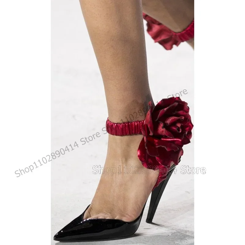 

Red Appliques Decor Black Pointed Toe Pumps Elastic Band Women Shoes Thin High Heels New Fashion Runway 2025 Zapatos Para Mujere