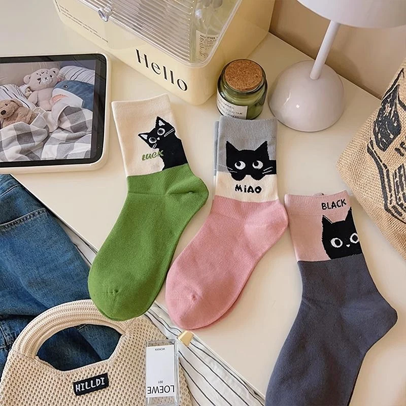 Cartoon Cute Cat Color Matching Polyester Cotton Socks Mid-tube Socks Breathable Sweat Absorption Sports Sock Sweet Student Sock