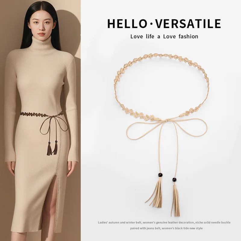 Fashionable Slim Cord Belt for Women with Floral Engraving and Knot Detail Trendy Delicate, and Sweet Fringe Belt for Dresses