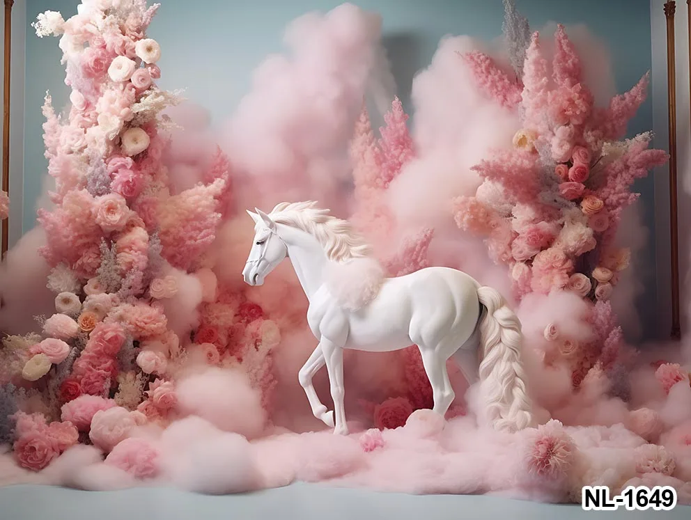 핑크 꽃 풍선 말 유니콘 배경, 코튼 클라우드 케이크 스매쉬, 생일 파티, 신생아 장식 배너, 무지개 배경