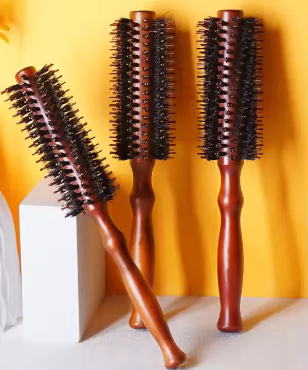 Cepillo de pelo redondo de nailon con mango de madera para peluquería, peine profesional antiestático para peluquero, herramienta de estilismo para hombres y mujeres