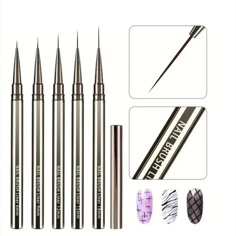 5 Teile/satz 6/9/12/15/18mm Nagel Liner Pinsel Set Zeichnung Linien streifen Malerei Blume Stift Nail art Maniküre Metall Griff Pinsel Set
