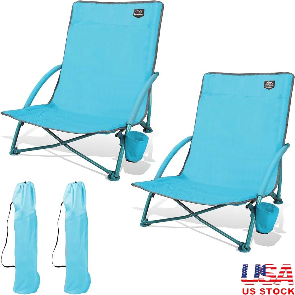 

2 Pack Camping Low Beach Chair Folding Recliner Lightweight Outdoor Chairs with Cup Holder Comfortable Relaxing Seats