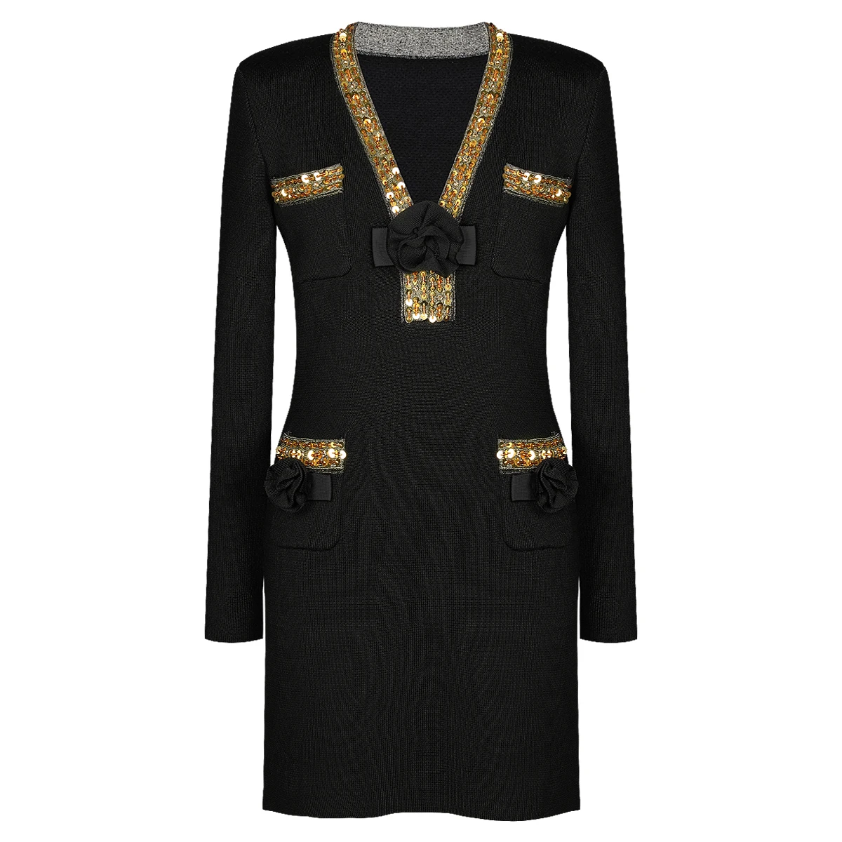 

High Quality New Fashionable Elastic Knitted V-neck Three-dimensional Flower Long Sleeved Slim Fit Matched With Women's Dress