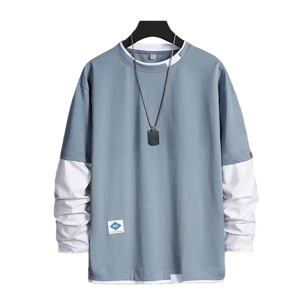 Men Spring T-shirt Fake Two-piece O Neck Spring T-shirt Long Sleeves Loose Pullover Contrast Color Casual Men Top Men Clothes